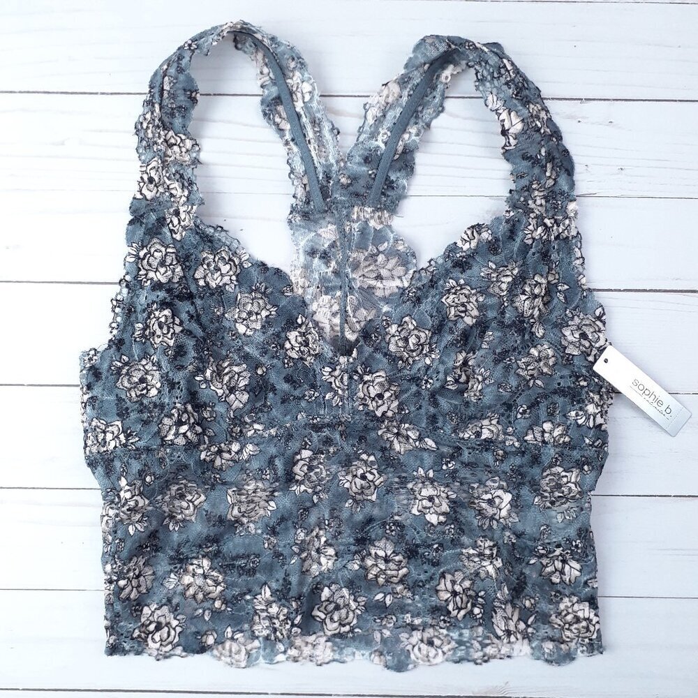 Sophie b Womens Stretch Lace Bralette M Longline Racerback Gray Pink Floral 5